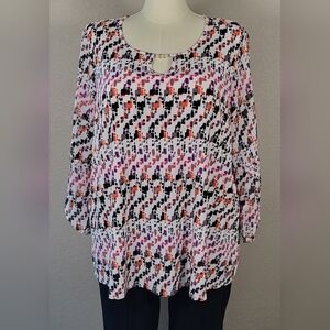 CATO Black and White Print Embellished Keyhole Blouse - Plus Size 18/20W